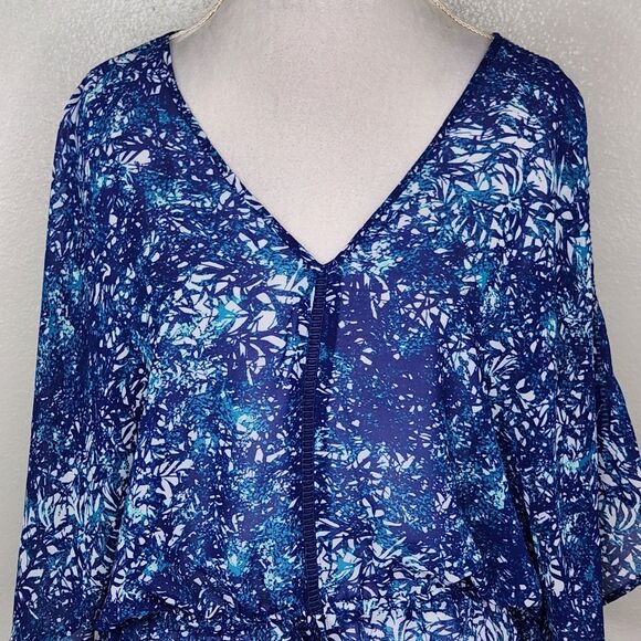 a.n.a Blue Tropical Print Chiffon Semi Sheer Kimono Sleeve Blouse Size XL - Picture 2 of 13